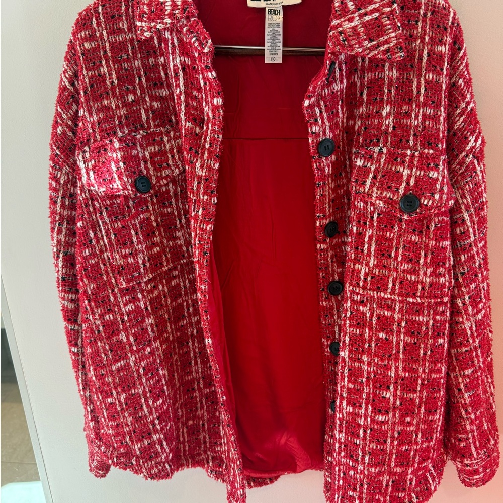 Red Tweed Button-Up Jacket - image 3